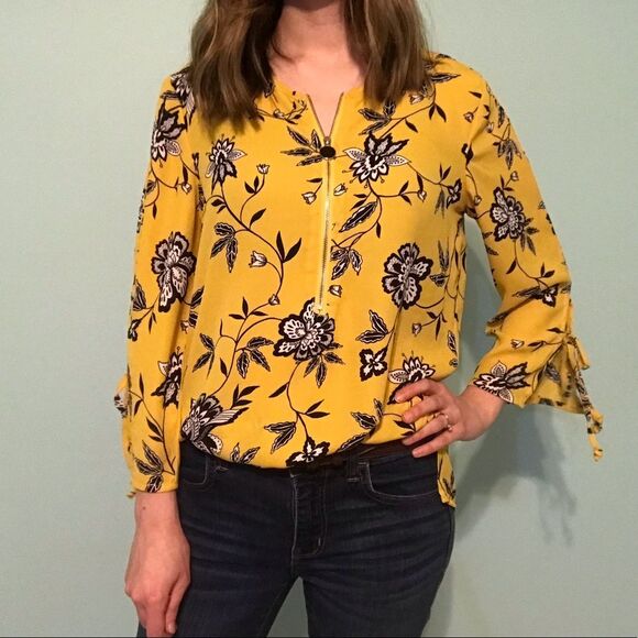 Counterparts Yellow Chiffon Floral Blouse w/ Zipper size Small - Picture 1 of 10